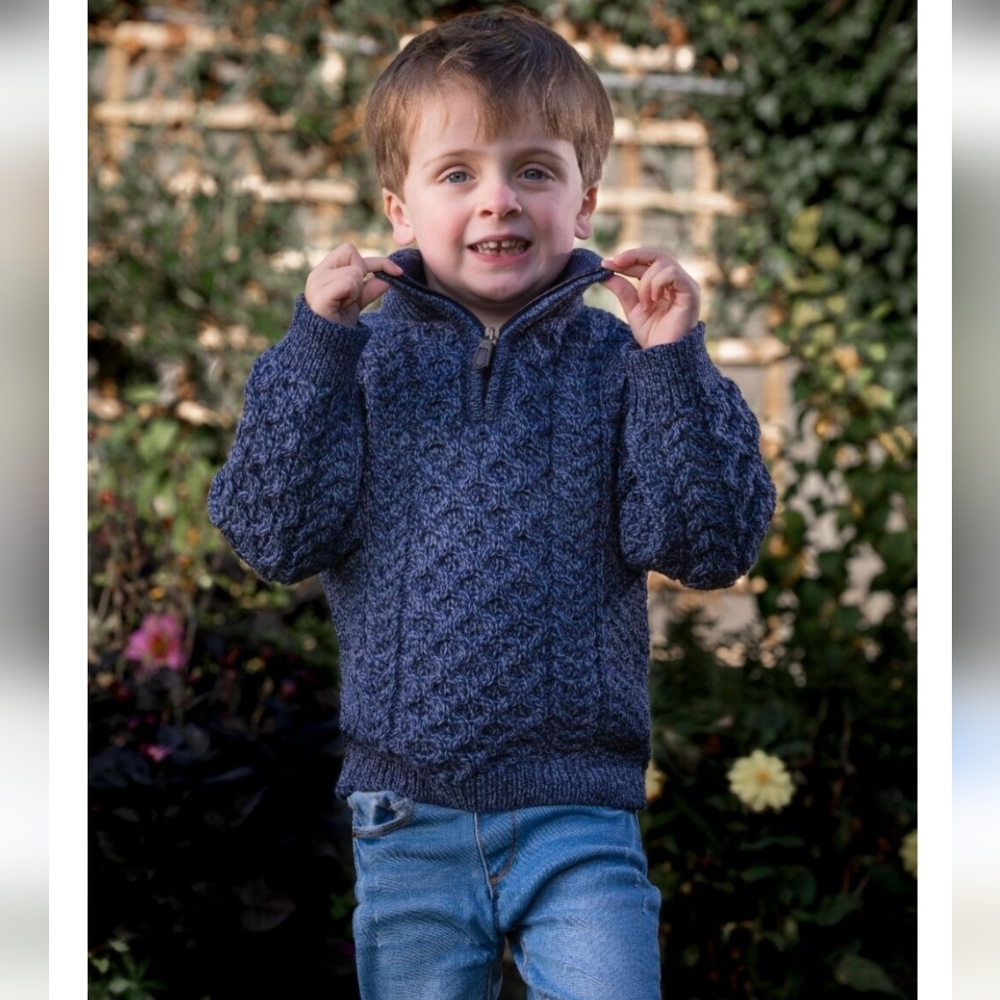 Original Aran Co. Kids 1/2 Zip Aran 100% Wool Sweater Blue Denim Boy's Size 5